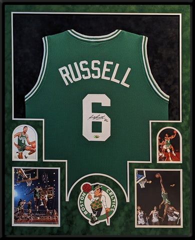 SUEDE FRAMED BOSTON CELTICS BILL RUSSEL AUTOGRAPHED SIGNED JERSEY HOLLYWOOD HOLO