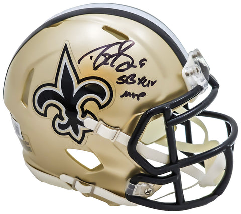 DREW BREES AUTOGRAPHED SAINTS GOLD SPEED MINI HELMET SB XLIV MVP BECKETT 220585