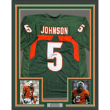 Framed Autographed/Signed Andre Johnson 35x39 Miami Green College Jersey JSA COA