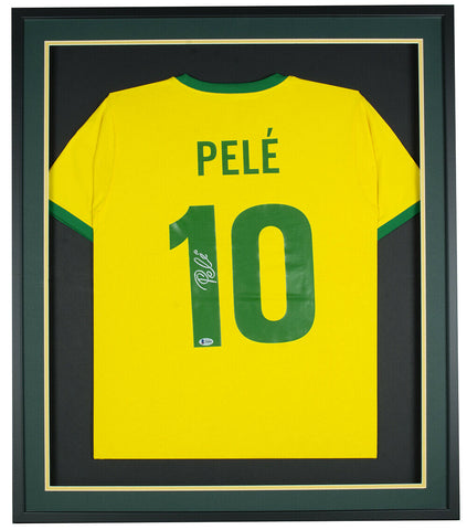 Pele Signed Framed Yellow Brazil Soccer Jersey BAS
