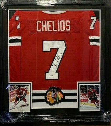 Chris Chelios Signed Chicago Blackhawks 36} x 39" Framed Jersey (Beckett COA)