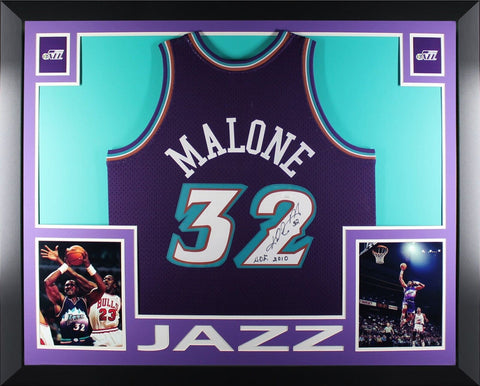 Karl Malone Autographed Utah Jazz Mitchell & Ness HOF 2010 Framed Jersey JSA COA