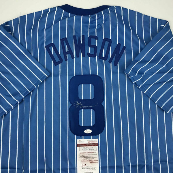 Autographed/Signed ANDRE DAWSON Chicago Blue Pinstripe Baseball Jersey JSA COA