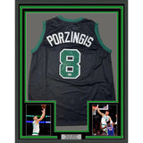 Framed Autographed/Signed Kristaps Porzingis 35x39 Boston Black Jersey JSA COA