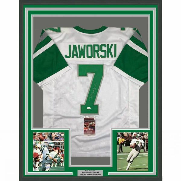 FRAMED Autographed/Signed RON JAWORSKI 33x42 Philadelphia White Jersey JSA COA
