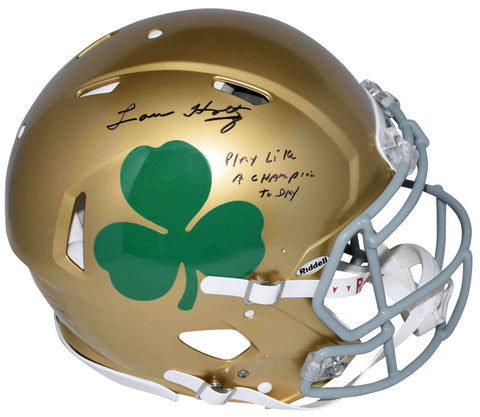 LOU HOLTZ SIGNED NOTRE DAME SHAMROCK AUTHENTIC HELMET W/ PLAY LIKE A CHAMPION