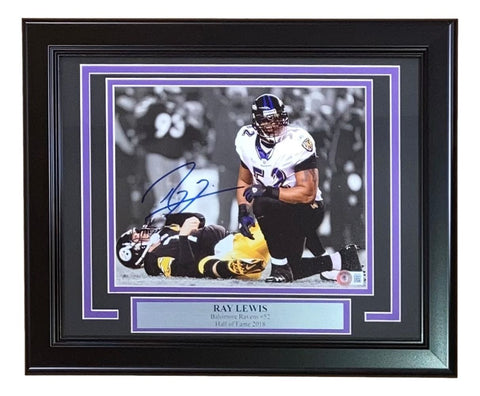 Ray Lewis Signed Framed 8x10 Baltimore Ravens Roethlisberger Hit Photo BAS ITP