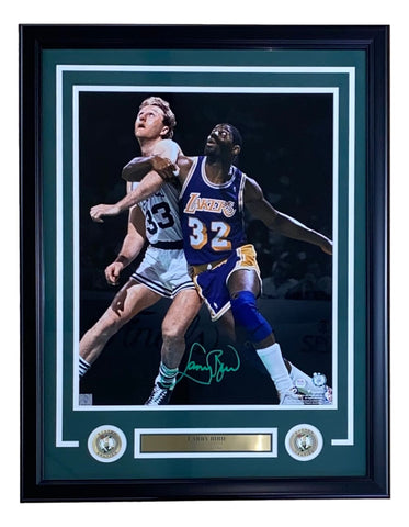 Larry Bird Signed Custom Framed Jersey Display with a Celtics Championship  Mini Metal Banner and (2) Celtics Metal Pins (PSA)
