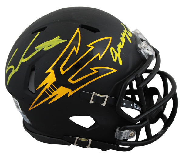 asu mini football helmet ASU Sam Leavitt & Jordyn Tyson Signed Black Speed Mini Helmet BAS Witn – Super Sports Center