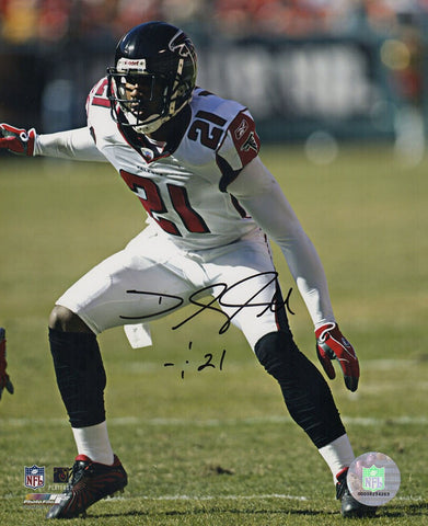DeAngelo Hall Signed Falcons White Jersey Action 8x10 Photo - (SCHWARTZ COA)