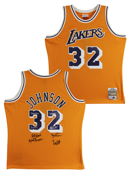 Showtime Lakers (6) Johnson, Worthy, Rambis +3 Signed Yellow M&N Jersey BAS Wit