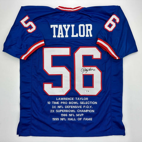 Autographed/Signed Lawrence Taylor New York Blue Stat Jersey Beckett BAS COA