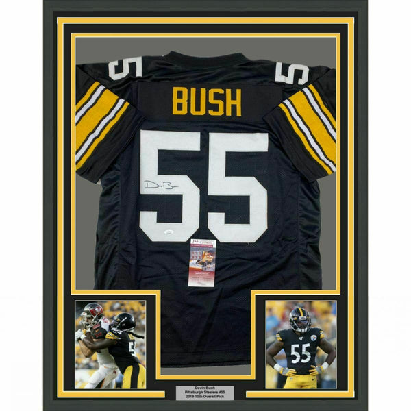 FRAMED Autographed/Signed DEVIN BUSH 33x42 Pittsburgh Retro Black Jersey JSA COA