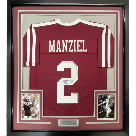 FRAMED Signed JOHNNY MANZIEL 35x39 Texas A&M Maroon Jersey JSA COA