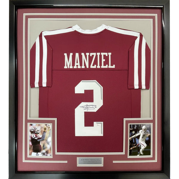 FRAMED Signed JOHNNY MANZIEL 35x39 Texas A&M Maroon Jersey JSA COA