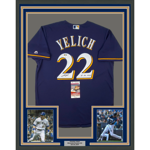 Framed Autographed Christian Yelich 33x42 MVP Milwaukee Brewers Jersey JSA COA