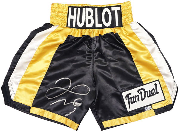 FLOYD MAYWEATHER JR. AUTOGRAPHED BLACK & GOLD BOXING TRUNKS BECKETT 221640