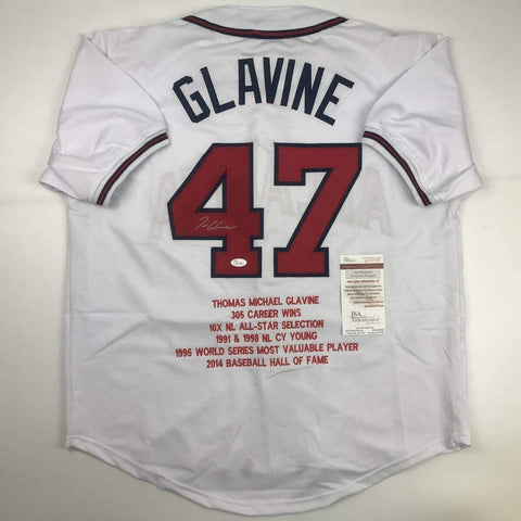 Autographed/Signed Tom Glavine Atlanta White Stat Baseball Jersey JSA COA