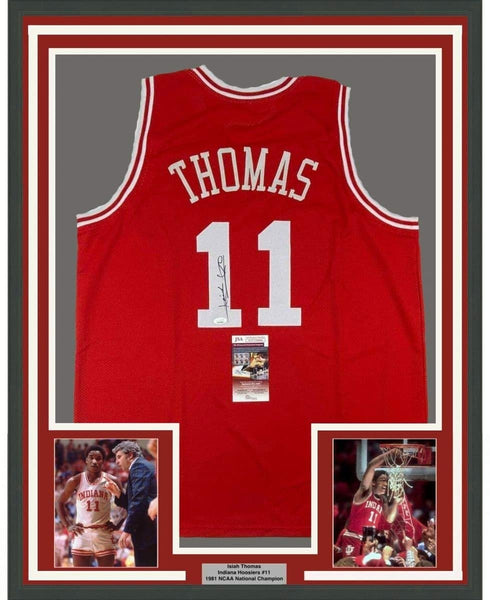 Framed Autographed/Signed Isiah Thomas 35x39 Indiana Red Jersey JSA COA