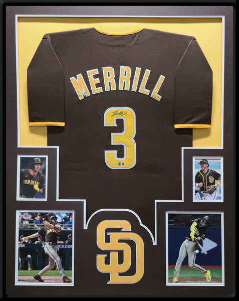 FRAMED SAN DIEGO PADRES JACKSON MERRILL AUTOGRAPHED SIGNED JERSEY BECKETT HOLO