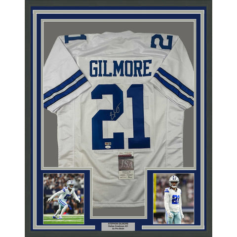 Framed Autographed/Signed Stephon Gilmore 33x42 Dallas White Jersey JSA COA