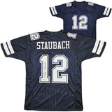 COWBOYS ROGER STAUBACH AUTOGRAPHED NAVY BLUE JERSEY BECKETT WITNESS 212671