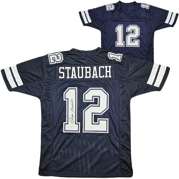 COWBOYS ROGER STAUBACH AUTOGRAPHED NAVY BLUE JERSEY BECKETT WITNESS 212671