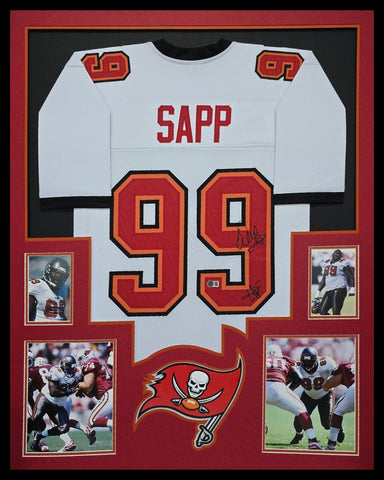 FRAMED TAMPA BAY BUCCANEERS WARREN SAPP AUTOGRAPHED SIGNED JERSEY BECKETT HOLO