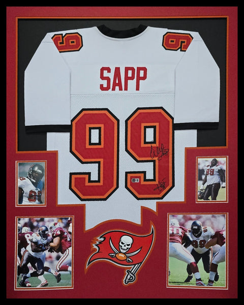 FRAMED TAMPA BAY BUCCANEERS WARREN SAPP AUTOGRAPHED SIGNED JERSEY BECKETT HOLO