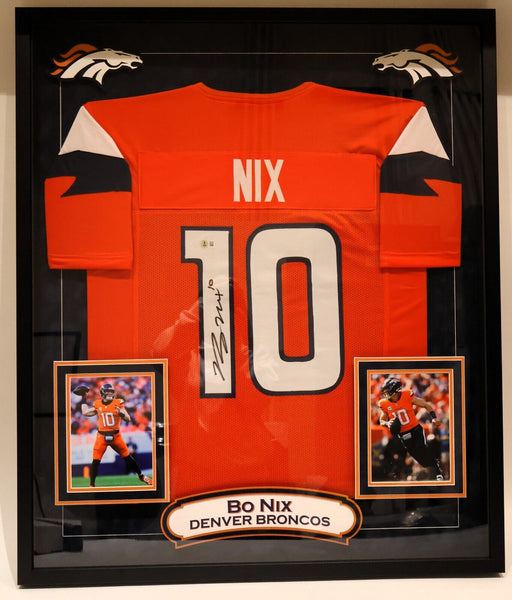 Bo Nix Signed Orange Nike Jersey in Deluxe Frame 39.5"x33.5" Beckett COA
