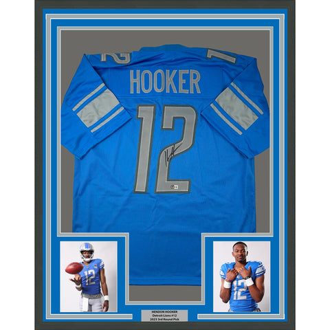 Framed Autographed/Signed Hendon Hooker 33x42 Detroit Blue Jersey BAS COA