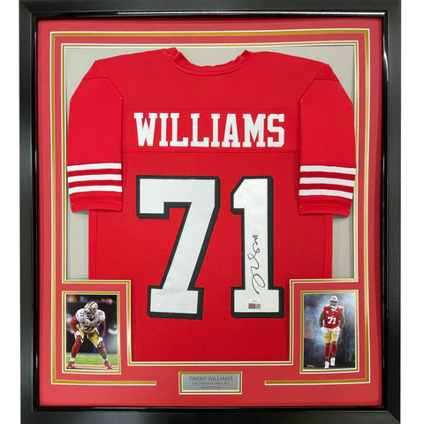 Framed Autographed/Signed Trent Williams 33x42 SF Alternate Red Jersey JSA COA