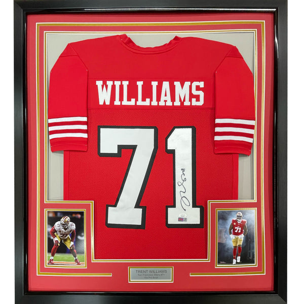 Framed Autographed/Signed Trent Williams 33x42 SF Alternate Red Jersey JSA COA