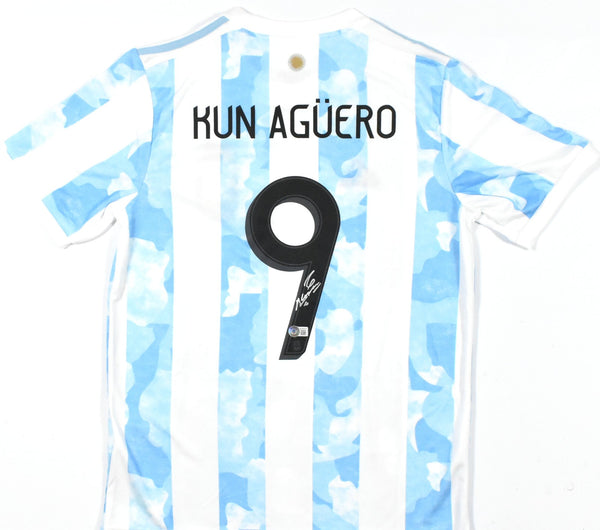 Sergio Aguero Signed Argentina FC Soccer White Jersey #9 - Beckett Hologram
