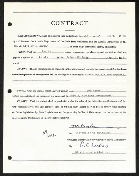 Fritz Crisler HOF Michigan Head Coach Signed/Auto Contract PSA BA199027