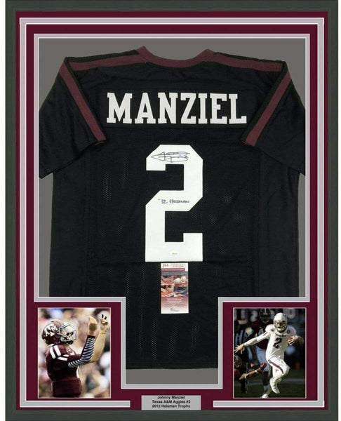 Framed Autographed/Signed Johnny Manziel 12 Heisman 33x42 Black Jersey JSA COA