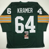 Autographed/Signed JERRY KRAMER HOF 18 Green Bay Green Football Jersey JSA COA