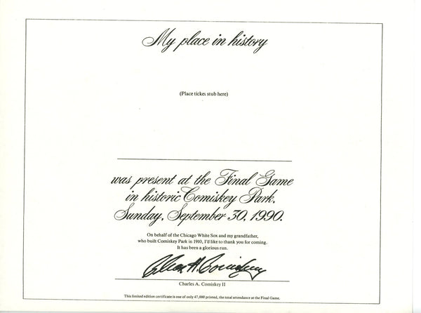Chicago White Sox Comiskey Park Final Game 09/30/1990 Certificate 56270
