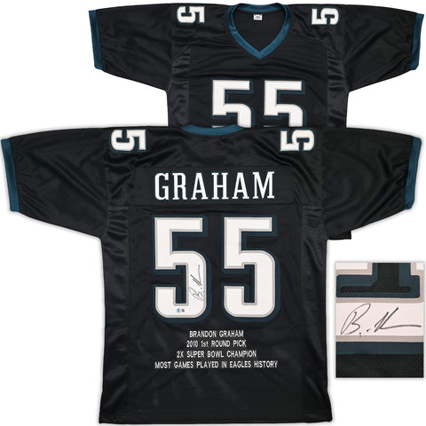EAGLES BRANDON GRAHAM AUTOGRAPHED BLACK SUPER BOWL STATS JERSEY BECKETT 239891