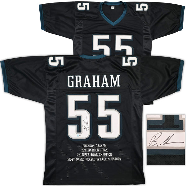 EAGLES BRANDON GRAHAM AUTOGRAPHED BLACK SUPER BOWL STATS JERSEY BECKETT 239891