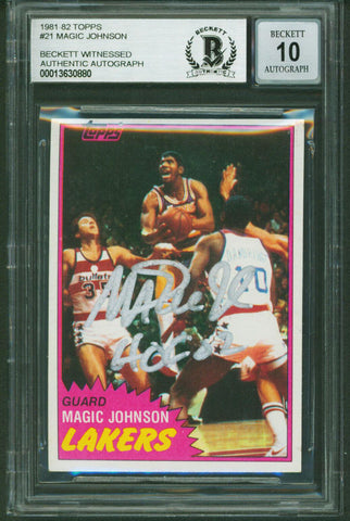 Magic Johnson "HOF 02" Signed 1981 Topps #21 Card Auto 10! BAS Slab #13630880