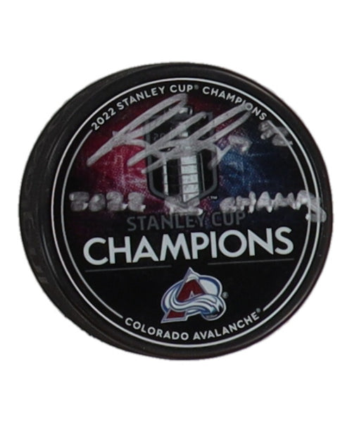 Gabriel Landeskog Signed Avalanche Logo Puck Inscribed "2022 SC Champs" Fanatics