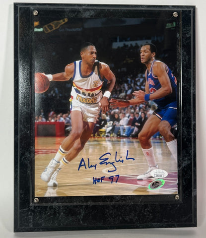 Alex English Autographed 8x10 Photo Inscribed HOF 97 with Plaque JSA COA