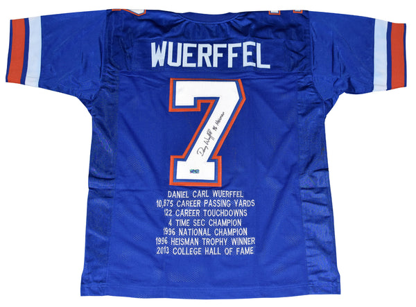 DANNY WUERFFEL AUTOGRAPHED FLORIDA GATORS #7 BLUE STAT JERSEY W/ 96 HEISMAN