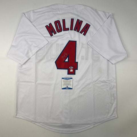 Autographed/Signed Yadier Molina St. Louis White Baseball Jersey Beckett BAS COA