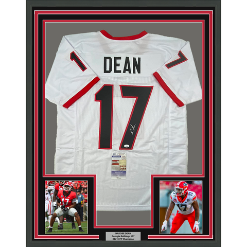 Framed Autographed/Signed Nakobe Dean 33x42 Georgia White College Jersey JSA COA