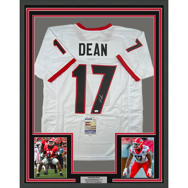 Framed Autographed/Signed Nakobe Dean 33x42 Georgia White College Jersey JSA COA