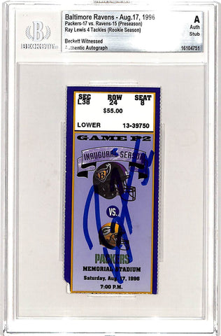 Ray Lewis Signed Baltimore Ravens 08/17/96 Ticket Stub Slab Beckett 42759