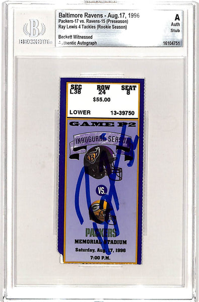 Ray Lewis Signed Baltimore Ravens 08/17/96 Ticket Stub Slab Beckett 42759