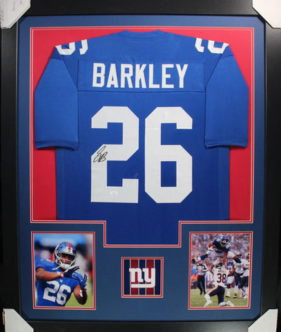 SAQUON BARKLEY (Giants blue TOWER) Signed Autographed Framed Jersey Beckett